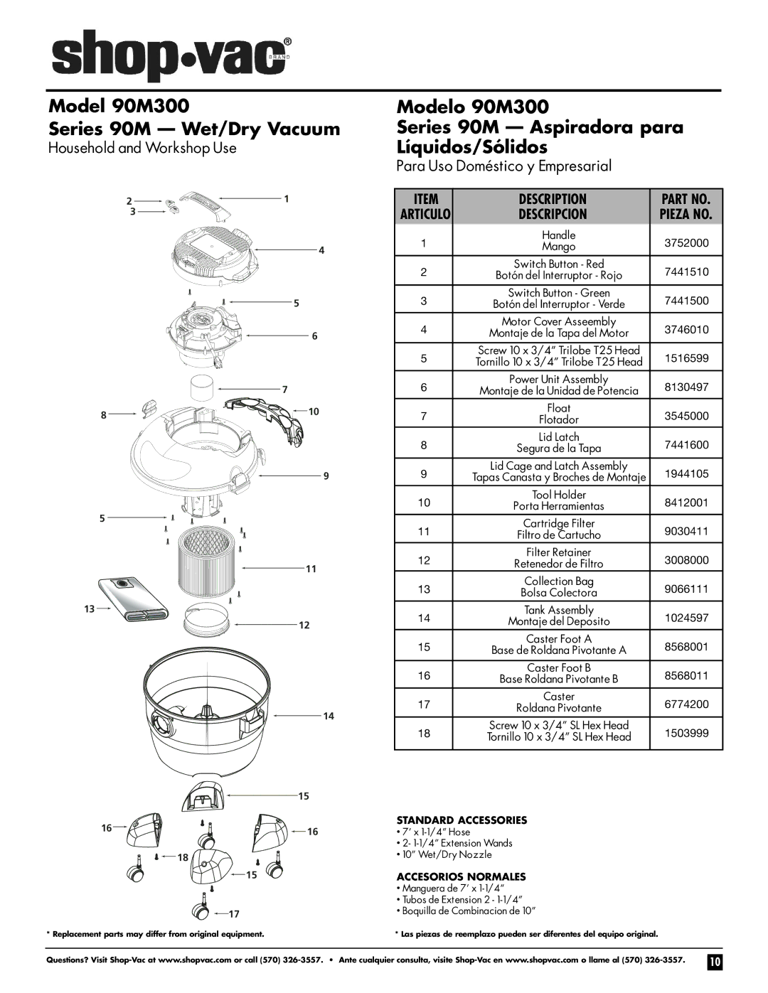 Shop-Vac manual Model 90M300 Series 90M Wet/Dry Vacuum, Modelo 90M300 Series 90M Aspiradora para Líquidos/Sólidos 