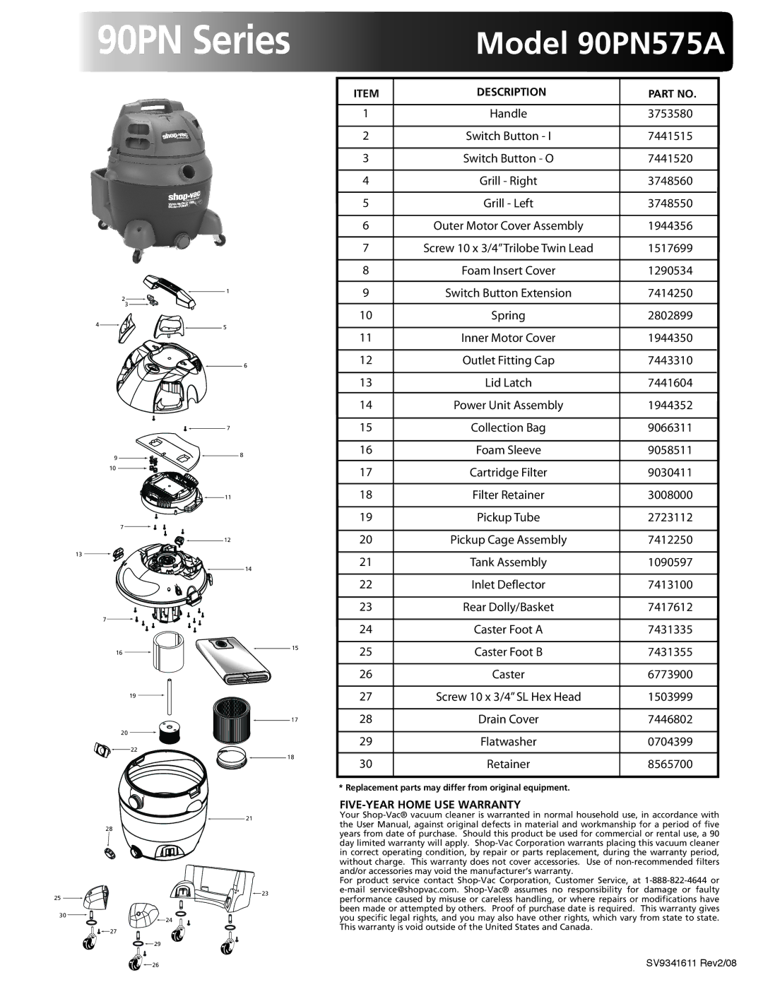 Shop-Vac warranty 90PN Series, Model 90PN575A 