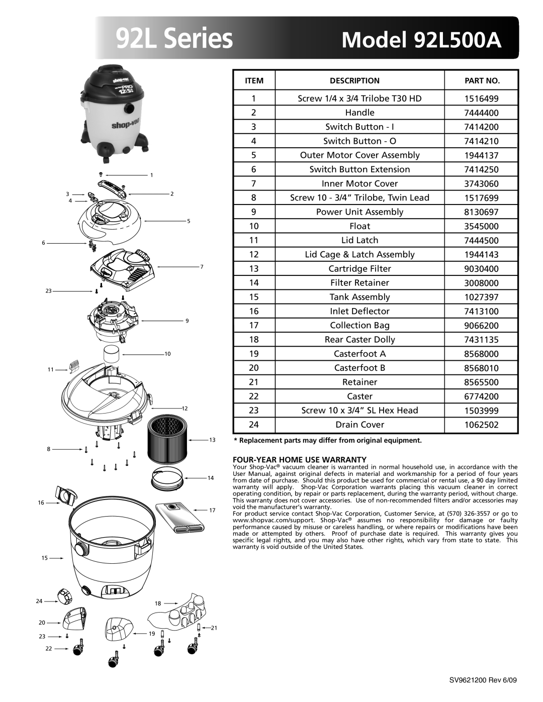 Shop-Vac warranty 92L Series, Model 92L500A, Description, FOUR-YEAR Home USE Warranty 