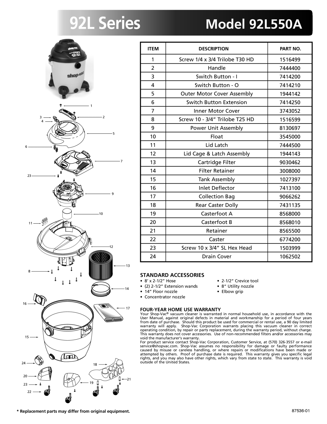 Shop-Vac warranty 92L Series, Model 92L550A, Standard Accessories, Description, FOUR-YEAR Home USE Warranty 