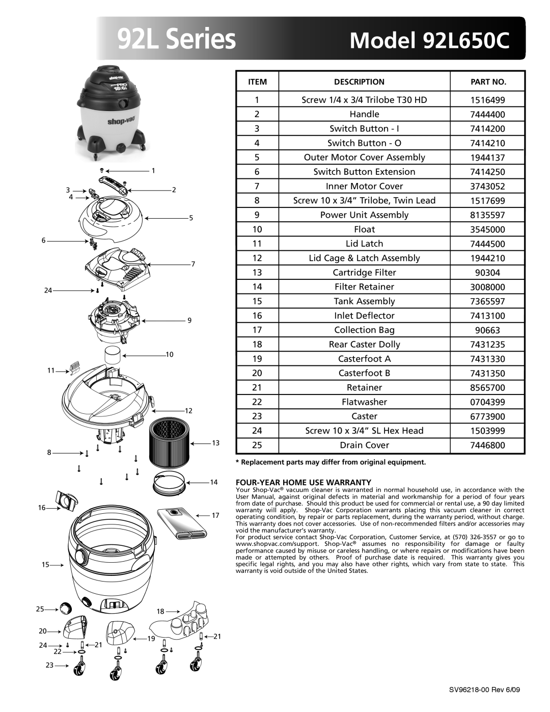 Shop-Vac warranty 92L Series, Model 92L650C, Description, FOUR-YEAR Home USE Warranty 