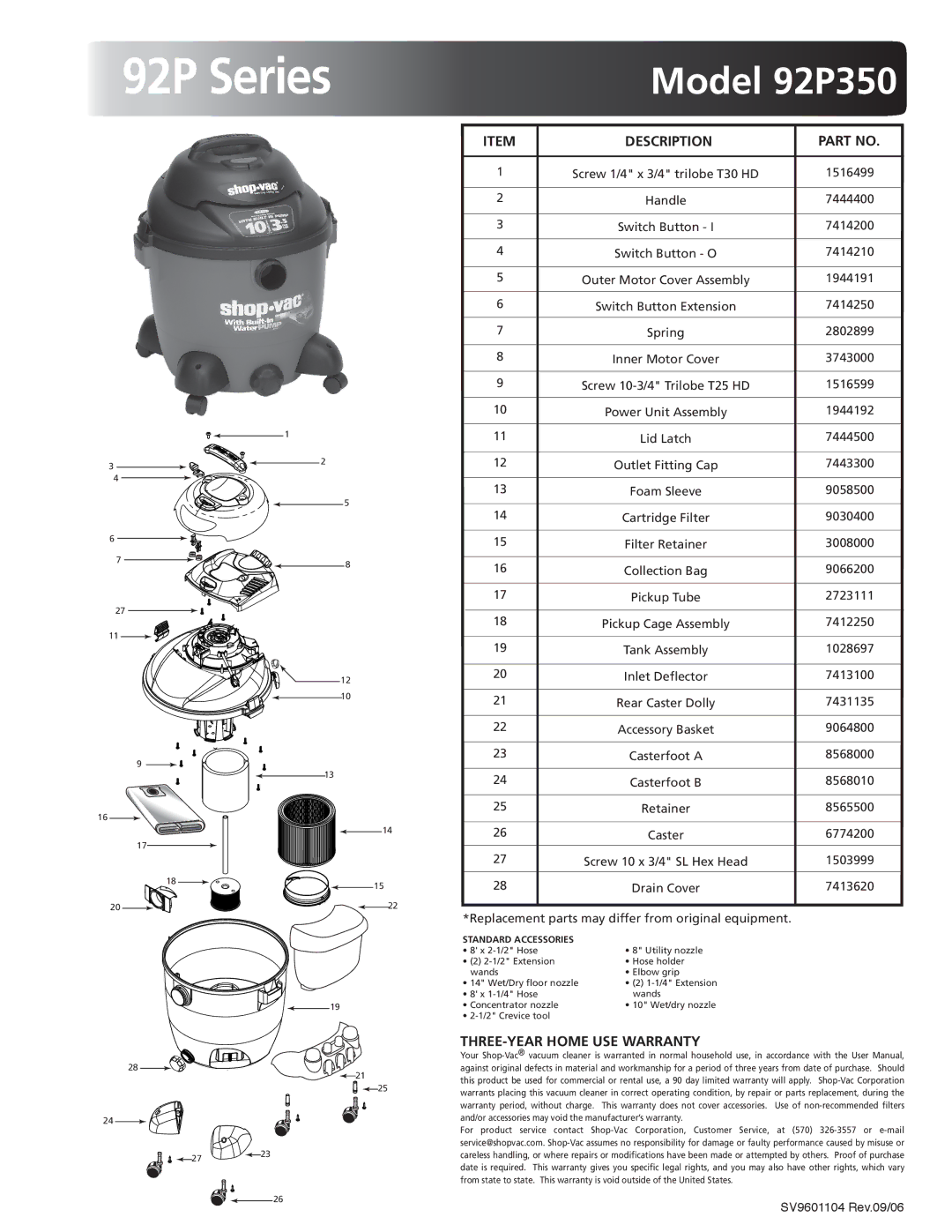 Shop-Vac warranty Model 92P350, Description, THREE-YEAR Home USE Warranty, Standard Accessories 