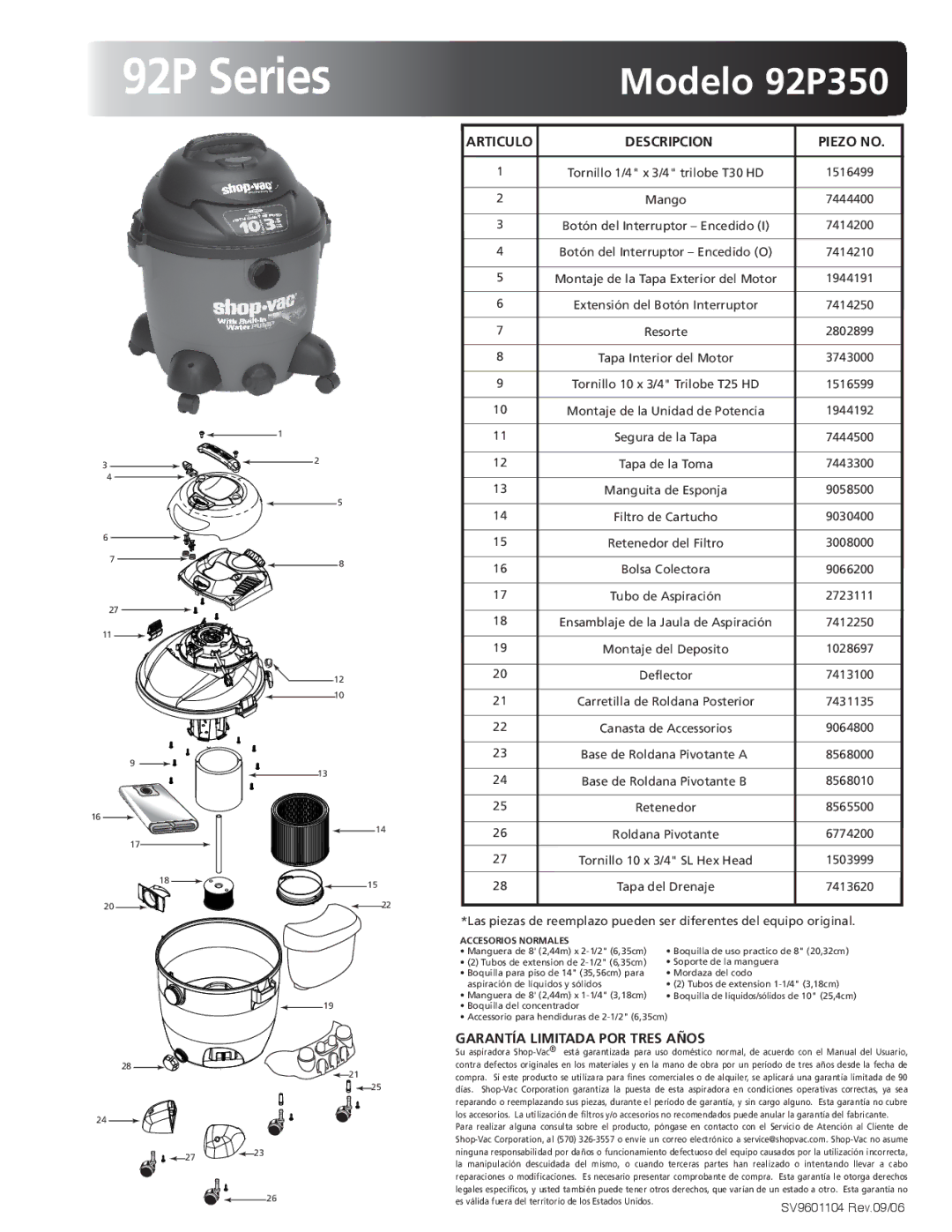 Shop-Vac warranty Modelo 92P350, Articulo Descripcion Piezo no, Garantía Limitada POR Tres Años, Accesorios Normales 