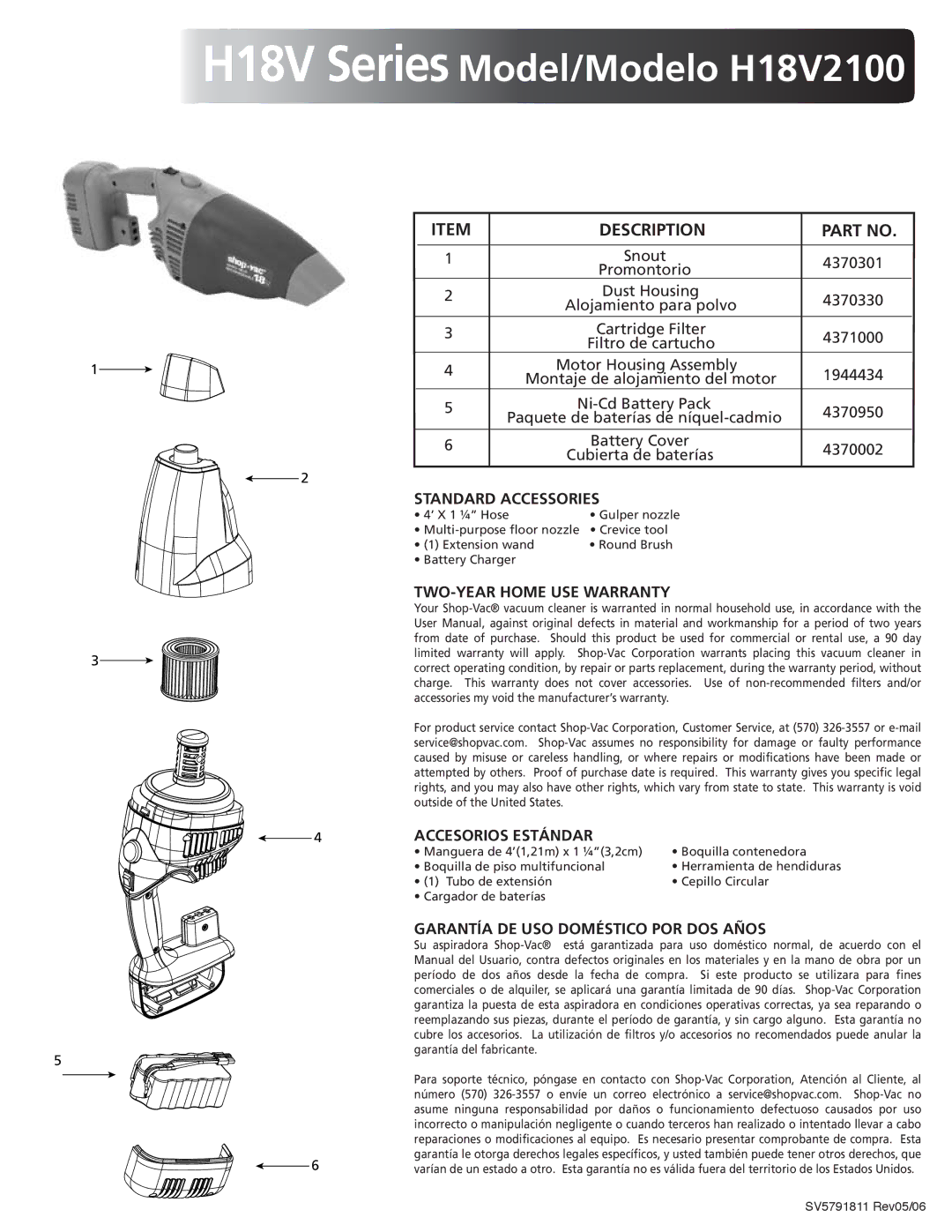 Shop-Vac warranty H18V Series Model/Modelo H18V2100 