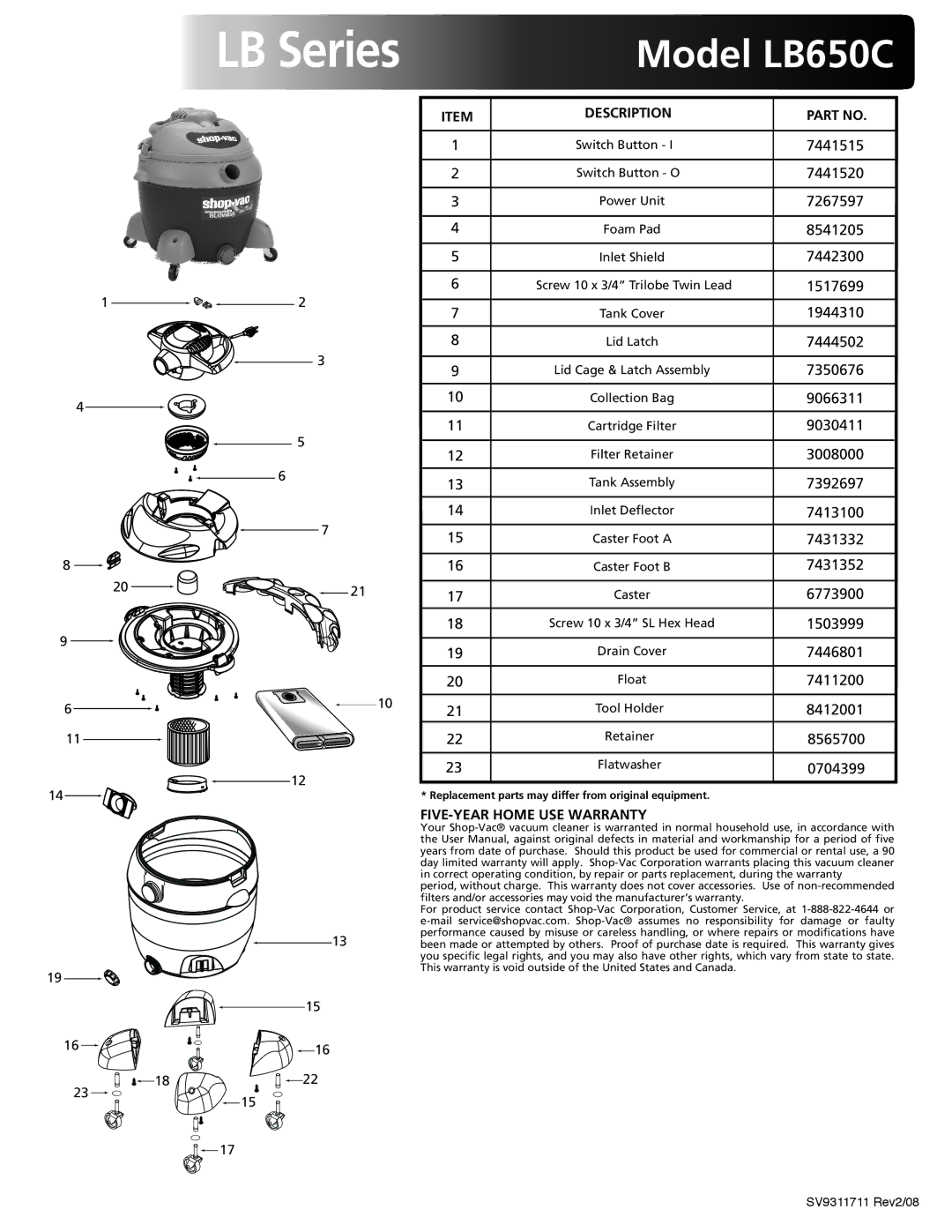 Shop-Vac warranty LB Series, Model LB650C 