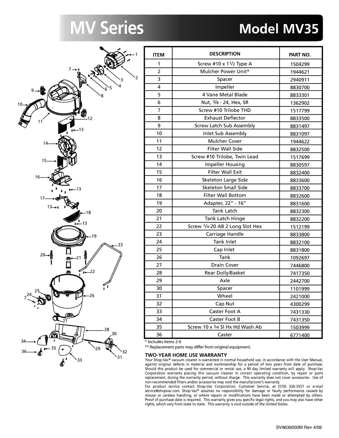 Shop-Vac warranty MV Series, Model MV35, TWO-YEAR Home USE Warranty 