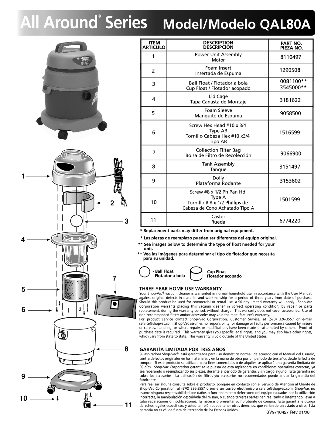 Shop-Vac warranty All Around Series Model/Modelo QAL80A 