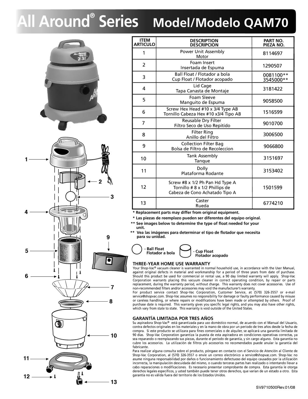 Shop-Vac warranty All Around Series Model/Modelo QAM70 