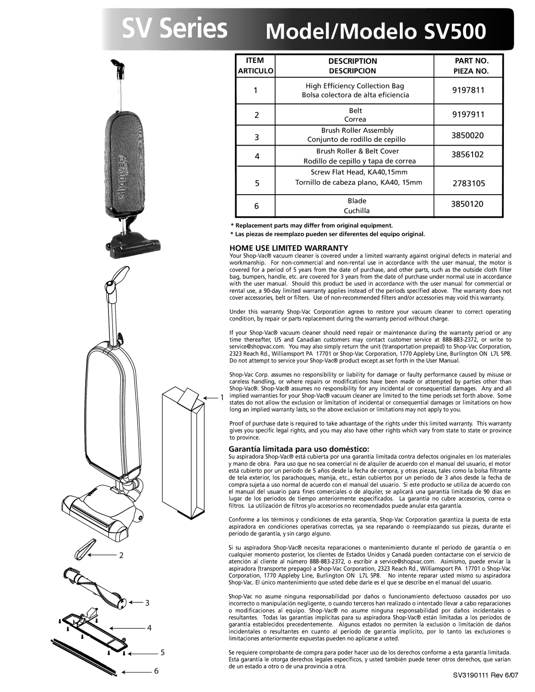 Shop-Vac warranty SV Series Model/Modelo SV500, 9197811 9197911 3850020 3856102 2783105 3850120, Description 