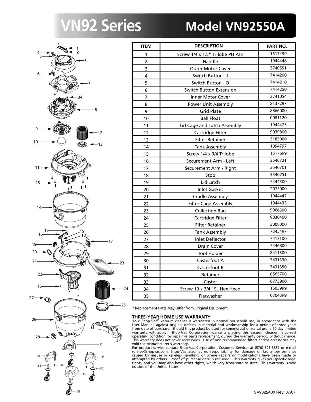 Shop-Vac warranty VN92 Series, Model VN92550A, Description, THREE-YEAR Home USE Warranty 