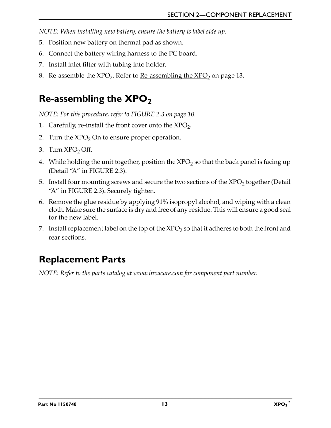 Shop-Vac XPO100B service manual Re-assembling the XPO2, Replacement Parts 