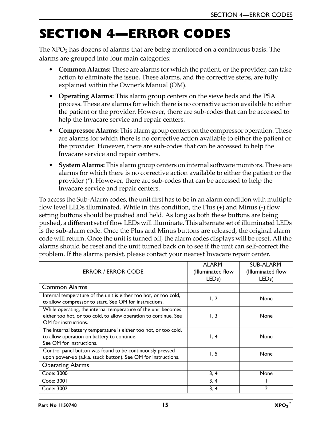 Shop-Vac XPO100B service manual Error Codes, Common Alarms 