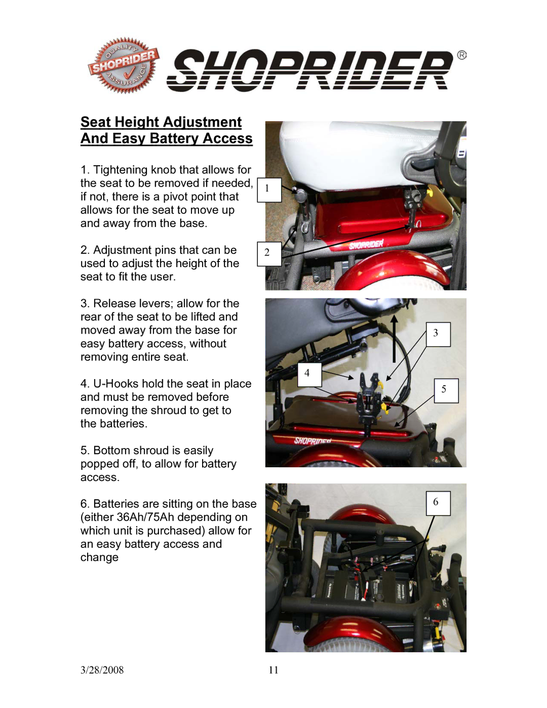 Shoprider 858WM manual Seat Height Adjustment And Easy Battery Access 