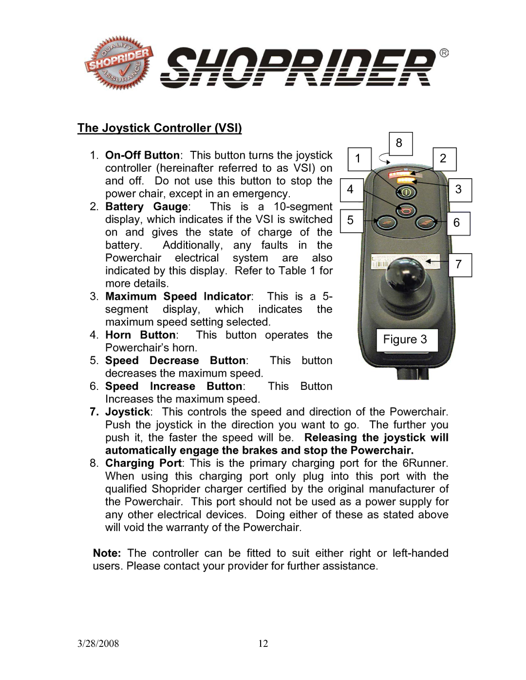 Shoprider 858WM manual Joystick Controller VSI, Battery Gauge 