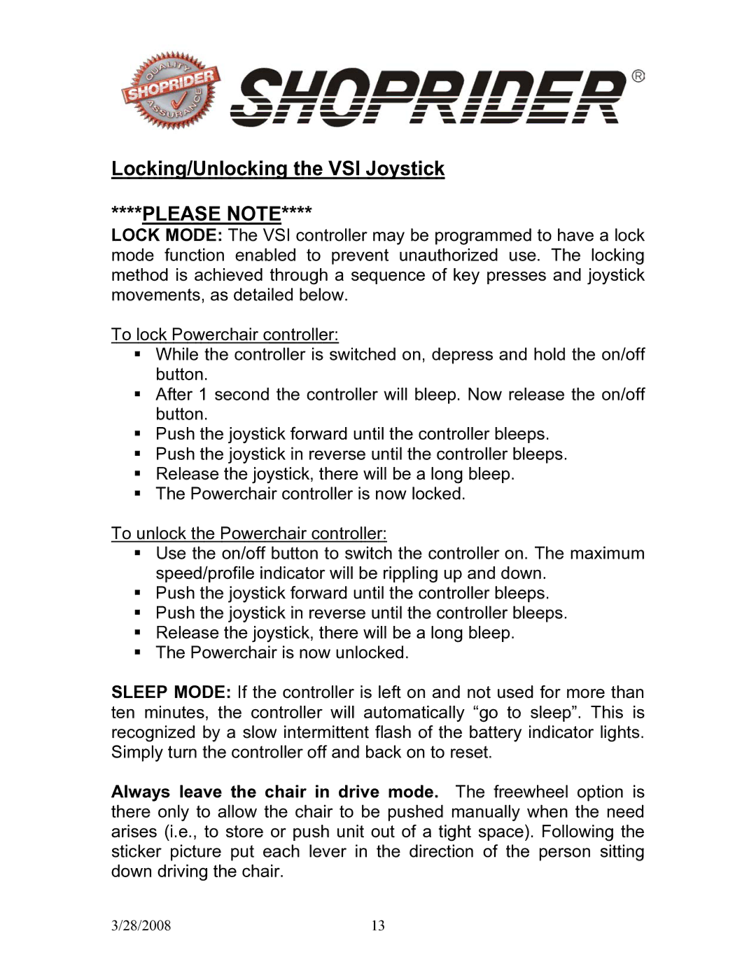 Shoprider 858WM manual Locking/Unlocking the VSI Joystick, Please Note 