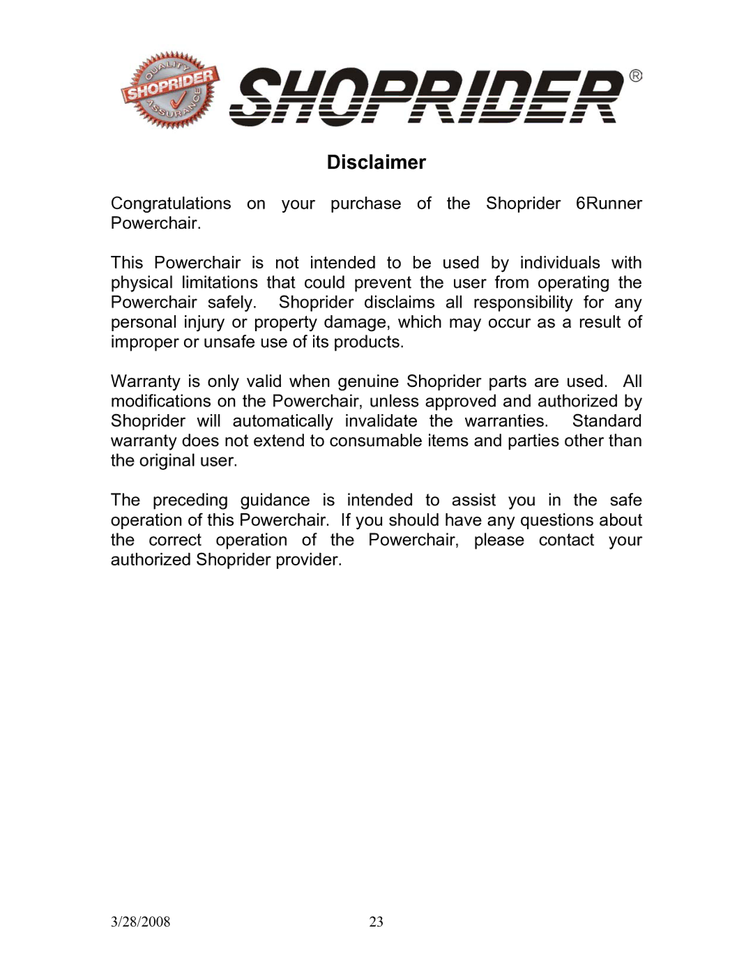 Shoprider 858WM manual Disclaimer 