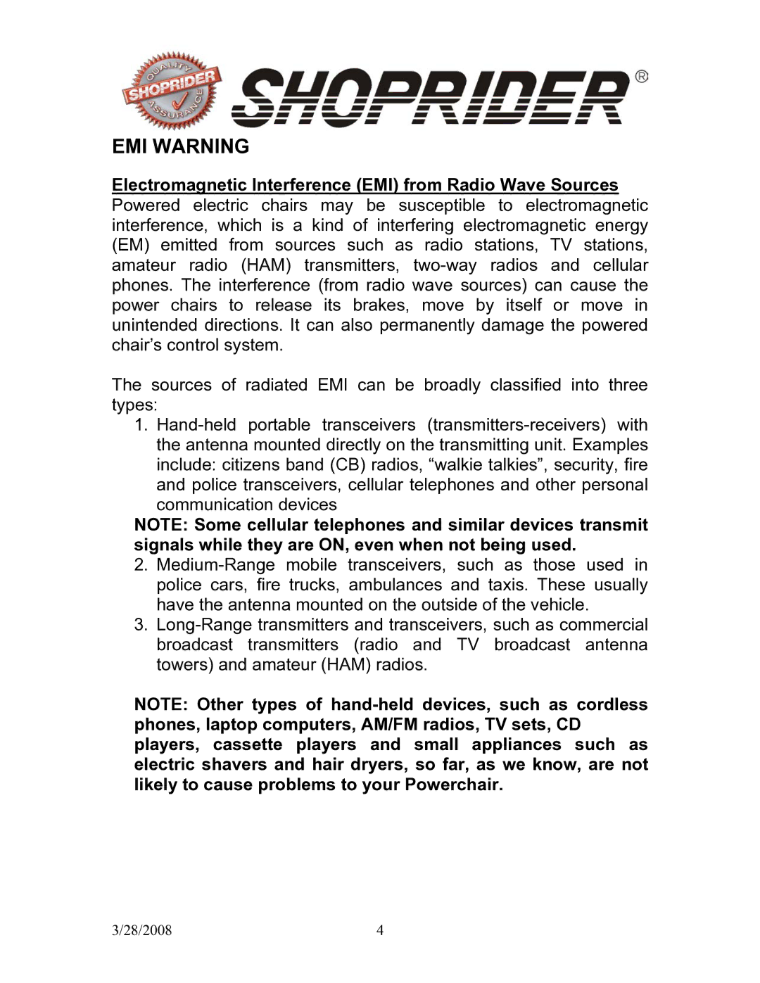 Shoprider 858WM manual EMI Warning 