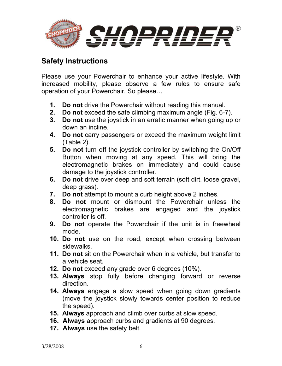 Shoprider 858WM manual Safety Instructions 