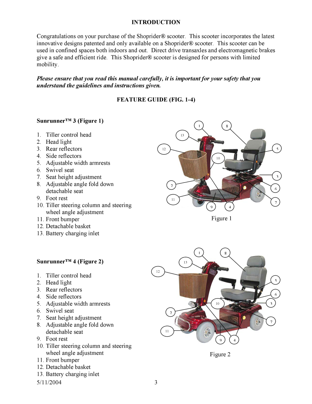 Shoprider (888-4L), (888B-3), (888-3L), (888B-4) Introduction, Feature Guide FIG, Sunrunner 3 Figure, Sunrunner 4 Figure 