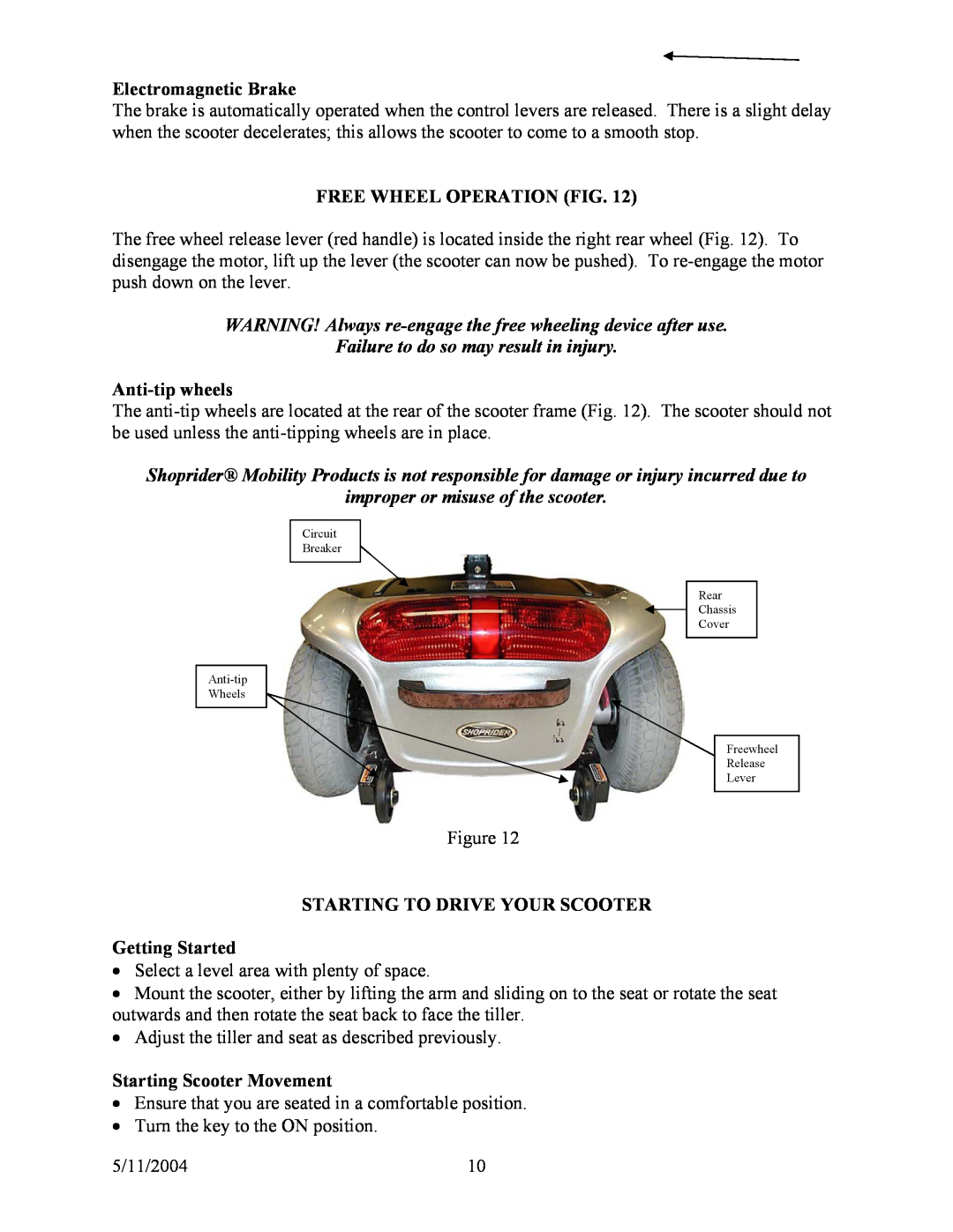 Shoprider (888B-4) Electromagnetic Brake, Free Wheel Operation Fig, Failure to do so may result in injury, Anti-tip wheels 