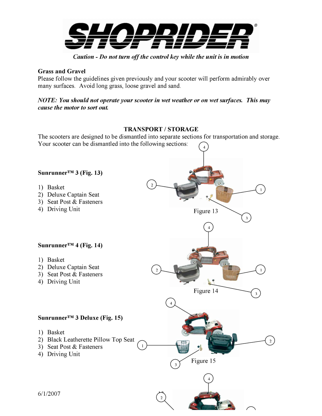 Shoprider 888B-3 manual Grass and Gravel, Transport / Storage, Sunrunner 3 Fig, Sunrunner 4 Fig, Sunrunner 3 Deluxe Fig 