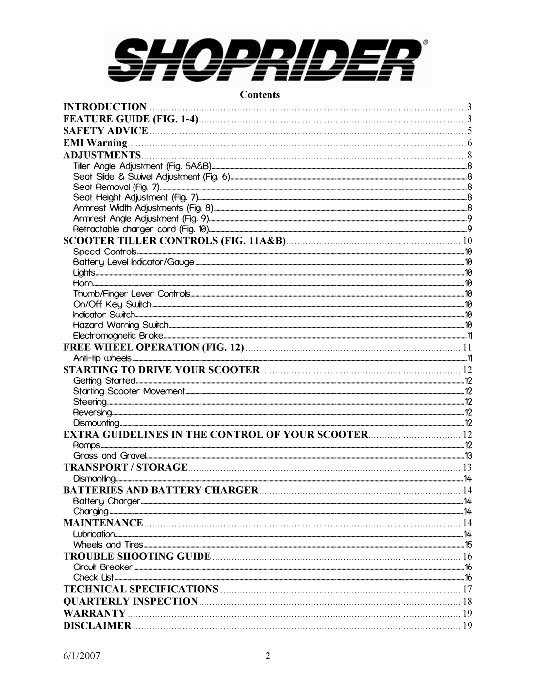 Shoprider 888B-3 manual Contents, Extra Guidelines in the Control of Your Scooter 