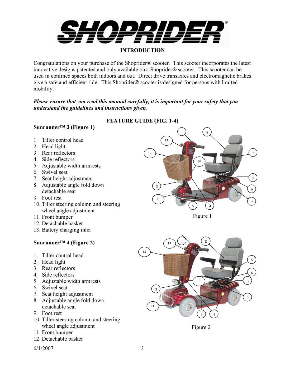 Shoprider 888B-3 manual Introduction, Feature Guide FIG, Sunrunner 3 Figure, Sunrunner 4 Figure 