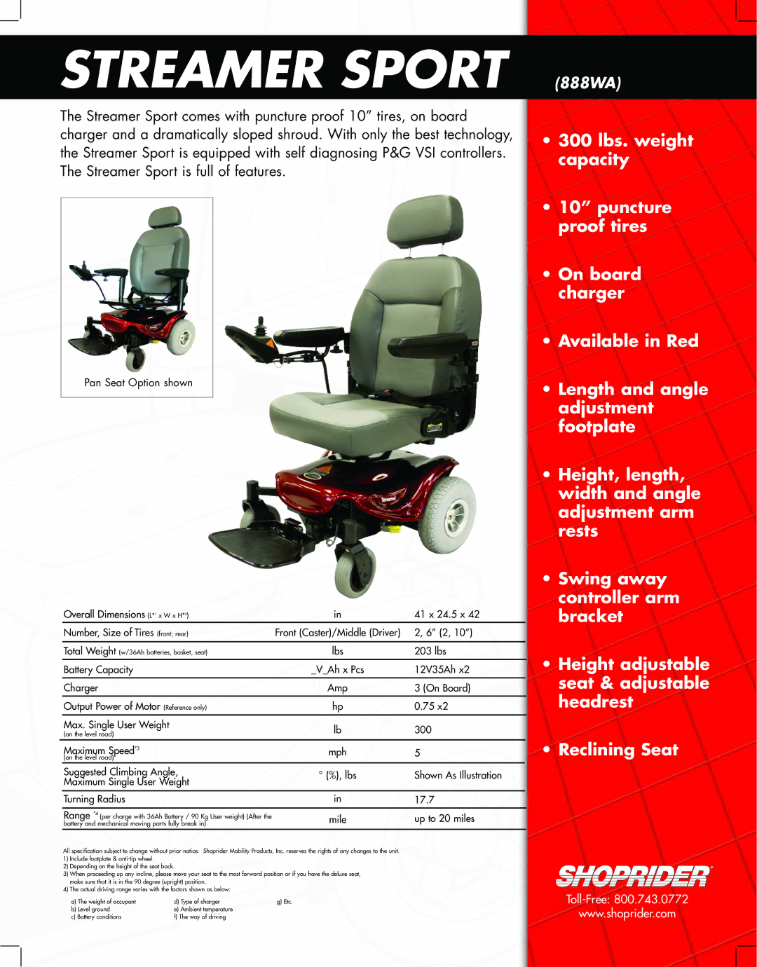 Shoprider 888WA manual Streamer Sport, Pan Seat Option shown 