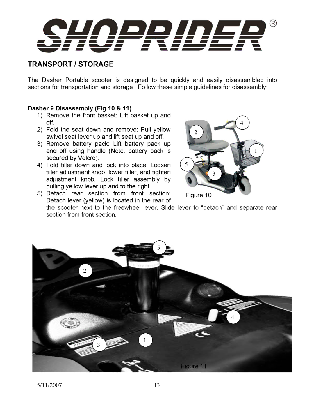 Shoprider manual Transport / Storage, Dasher 9 Disassembly 