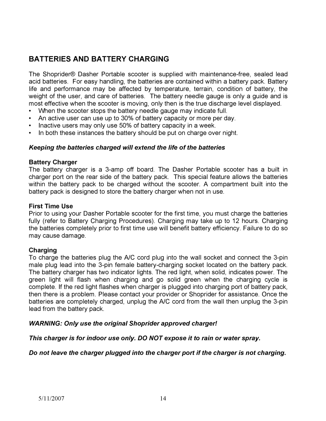 Shoprider Dasher 9 manual Batteries and Battery Charging, Battery Charger 