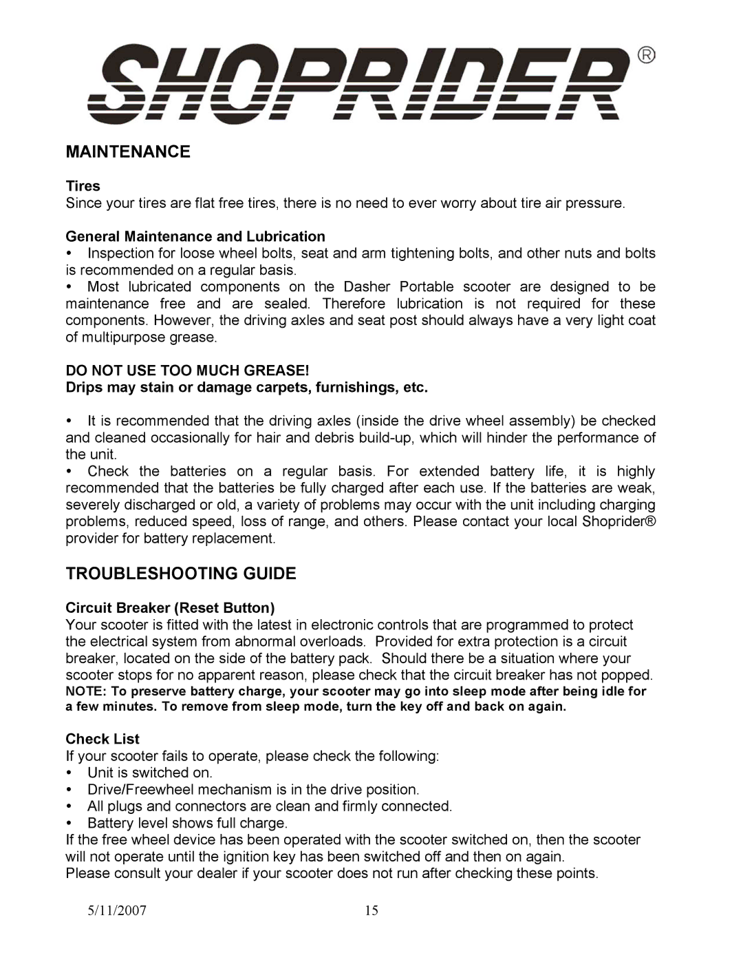 Shoprider Dasher 9 manual Maintenance, Troubleshooting Guide 