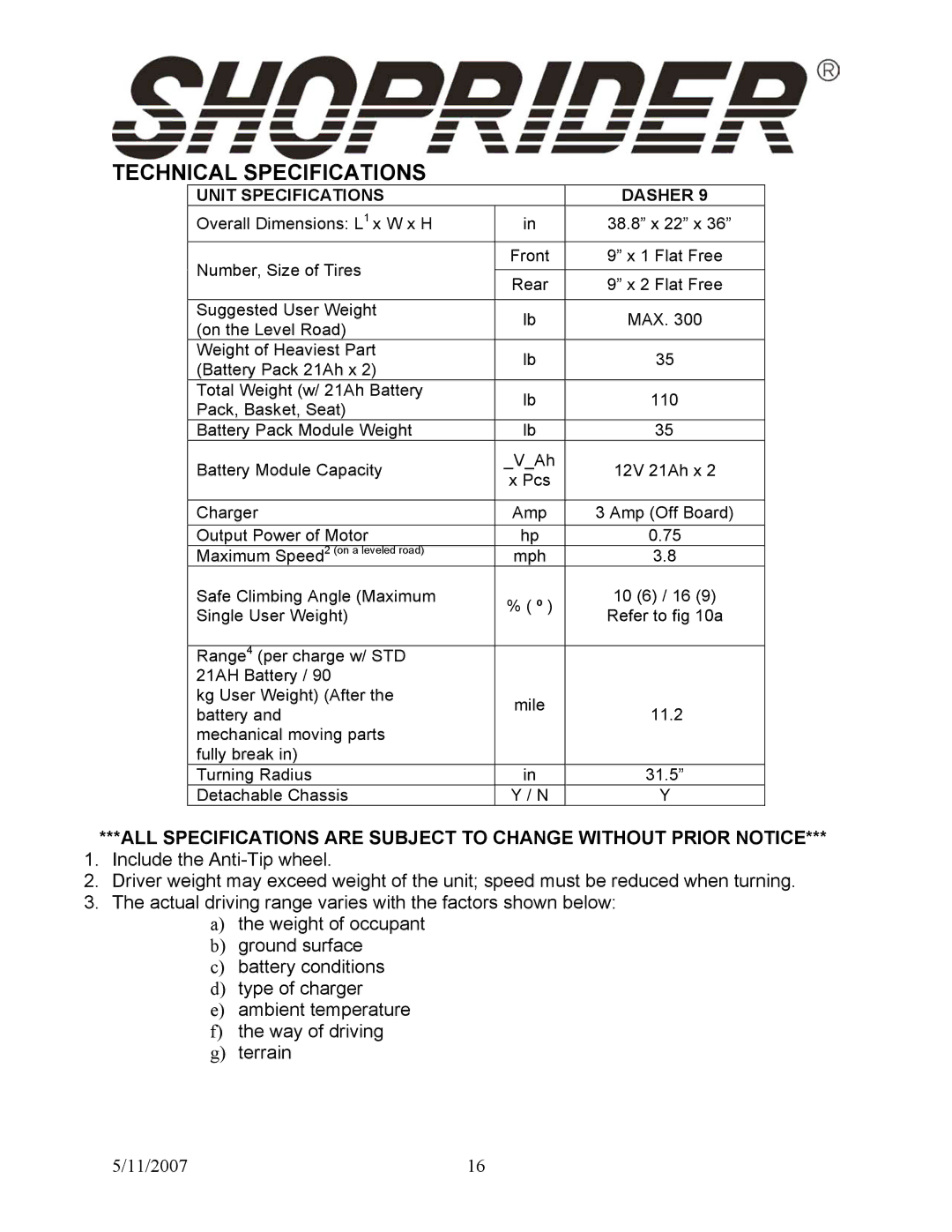 Shoprider Dasher 9 manual Technical Specifications, Unit Specifications Dasher 