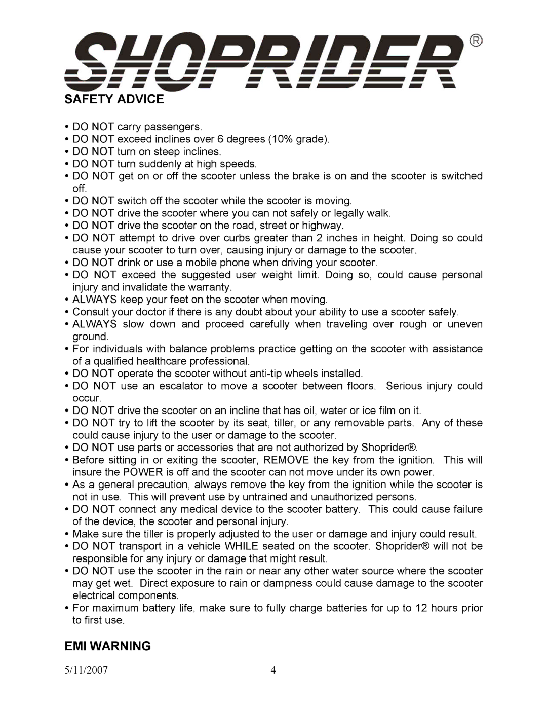 Shoprider Dasher 9 manual Safety Advice, EMI Warning 