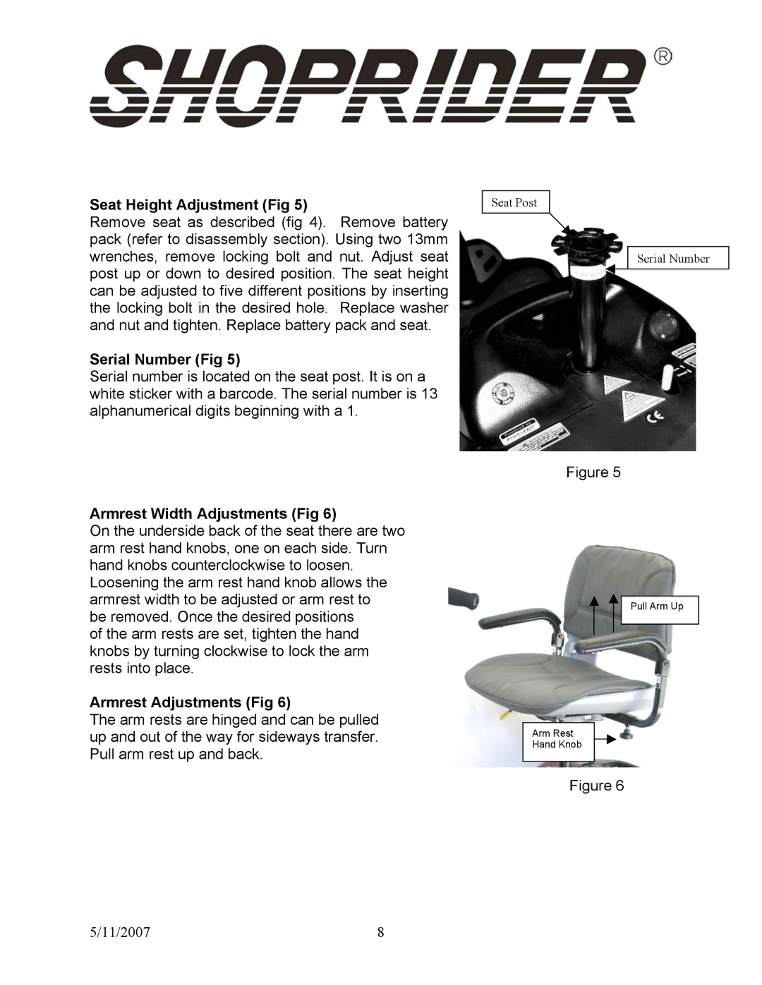 Shoprider Dasher 9 Seat Height Adjustment Fig, Serial Number Fig, Armrest Width Adjustments Fig, Armrest Adjustments Fig 