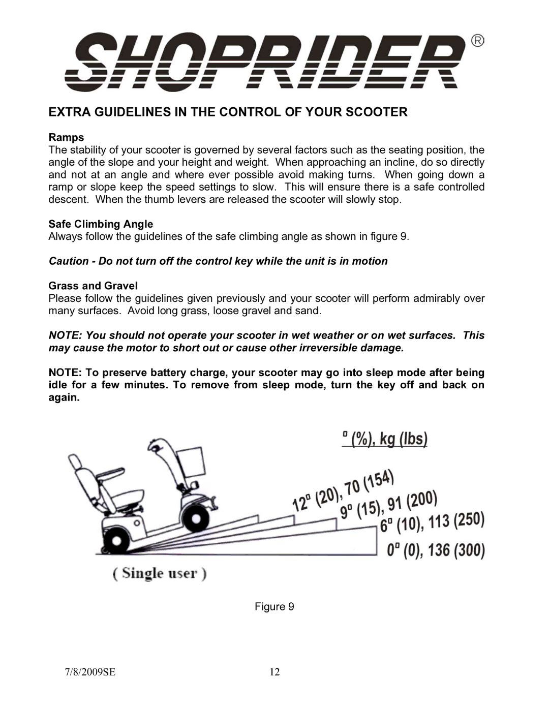 Shoprider GK9 manual Extra Guidelines in the Control of Your Scooter, Ramps, Safe Climbing Angle, Grass and Gravel 