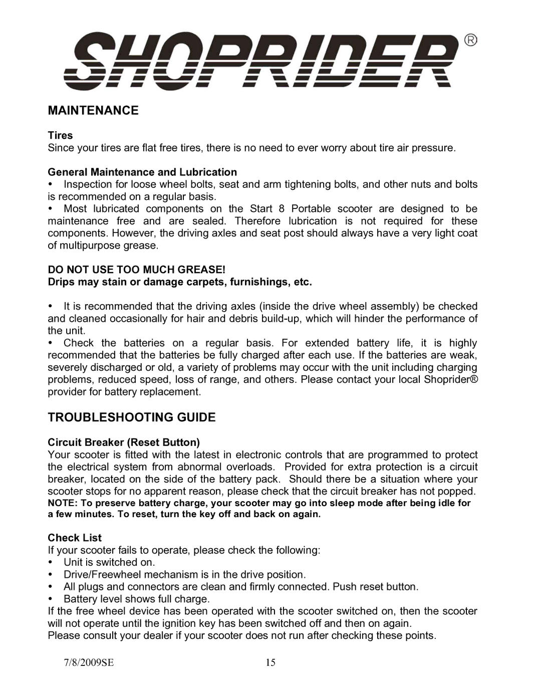 Shoprider GK9 manual Maintenance, Troubleshooting Guide 