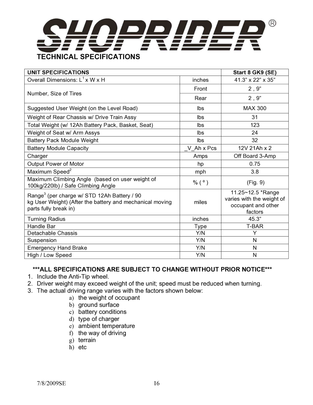 Shoprider GK9 manual Technical Specifications, Unit Specifications 