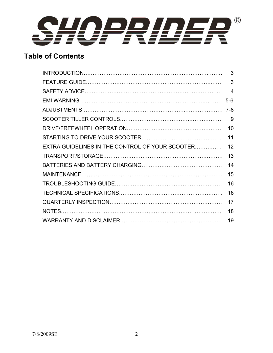 Shoprider GK9 manual Table of Contents 