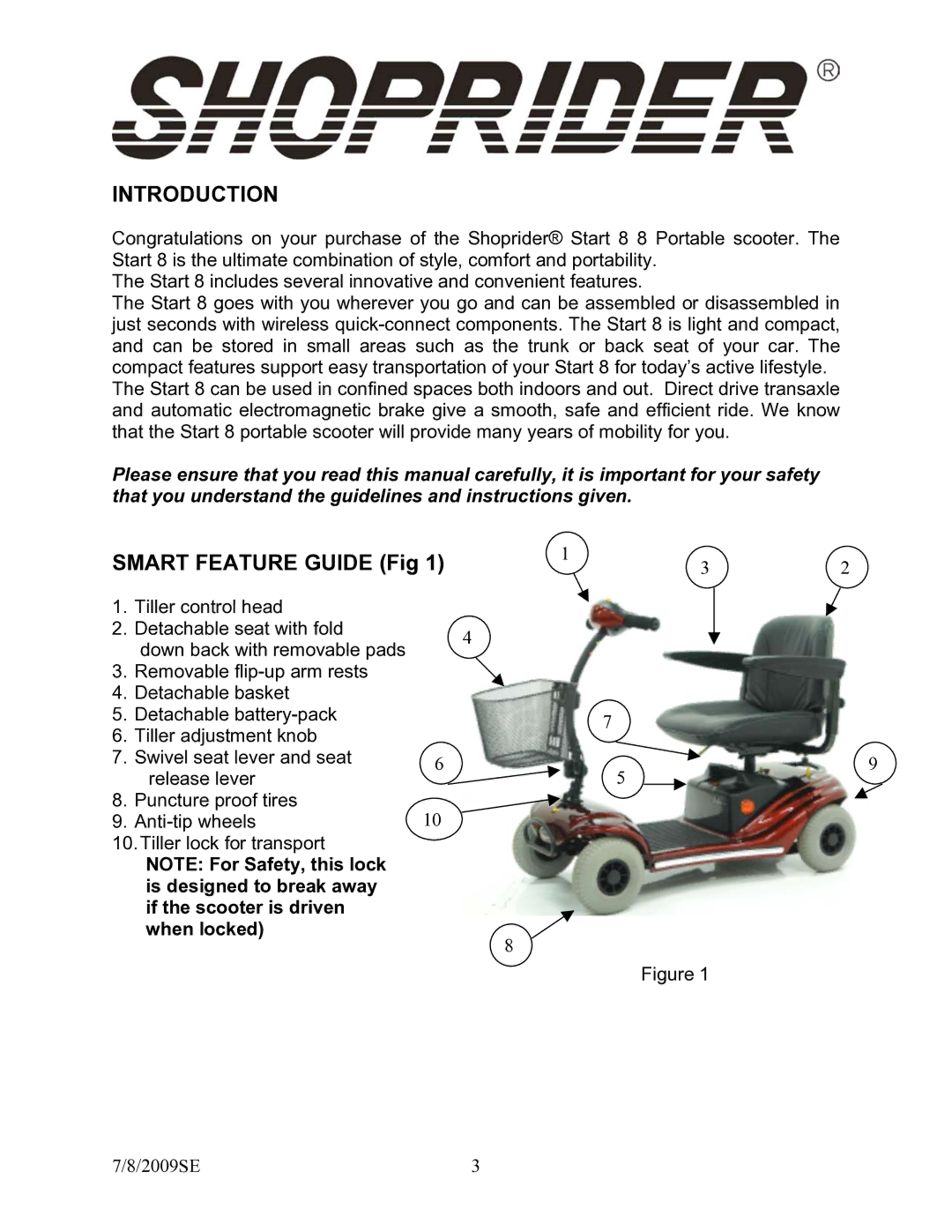 Shoprider GK9 manual Introduction, Smart Feature Guide Fig 