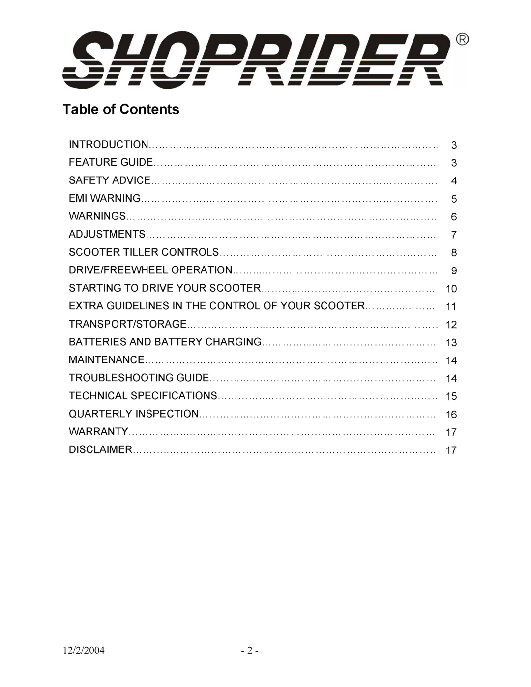 Shoprider GR889 manual Table of Contents 