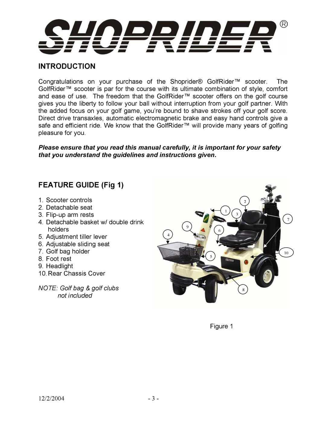 Shoprider GR889 manual Introduction, Feature Guide Fig 