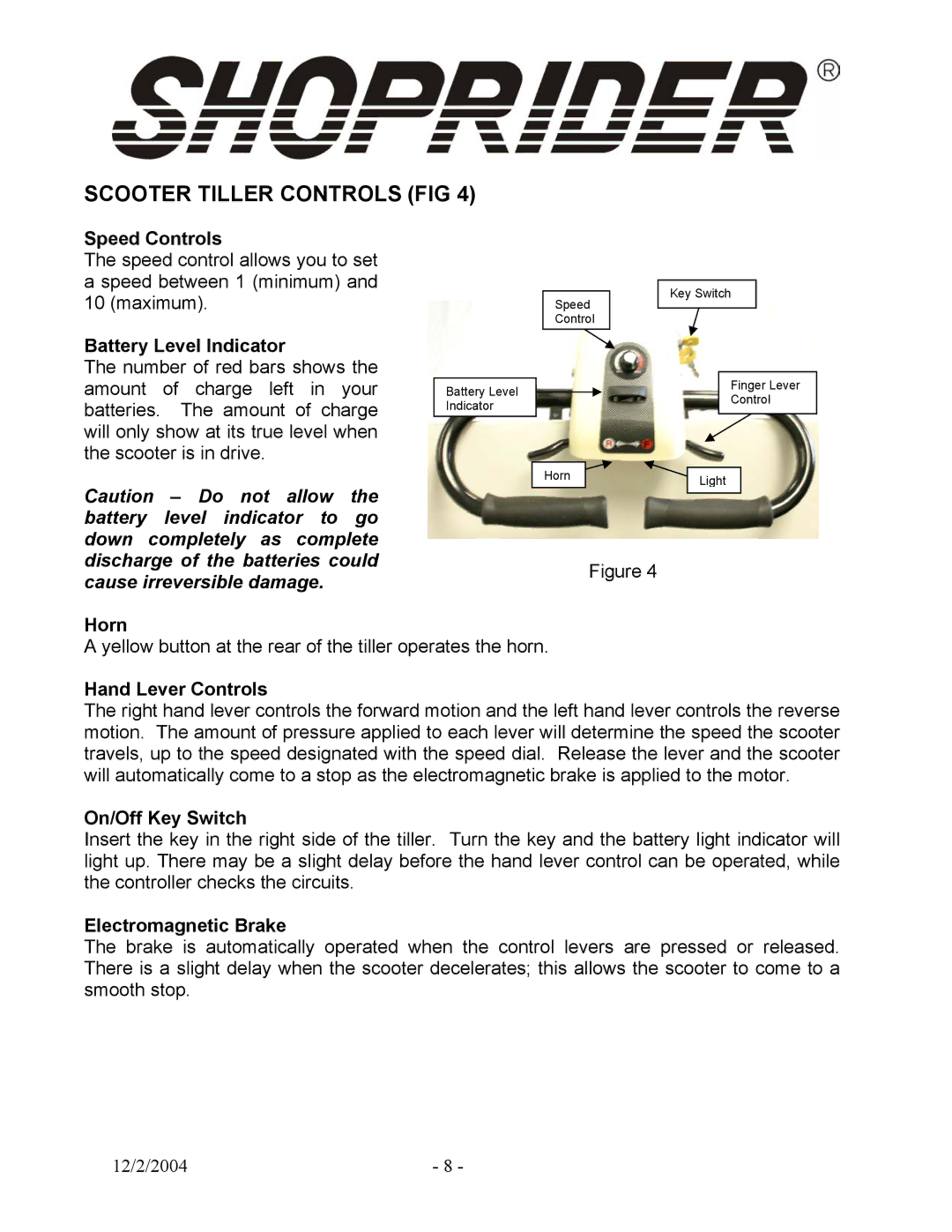 Shoprider GR889 manual Scooter Tiller Controls FIG 