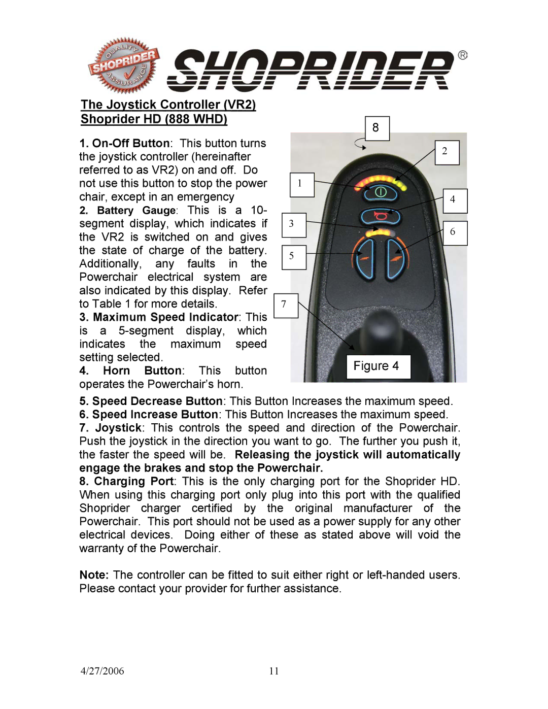 Shoprider WS 888WS, HD 888WHD manual Locking/Unlocking the VSI Joystick, Joystick Controller VR2 Shoprider HD 888 WHD 