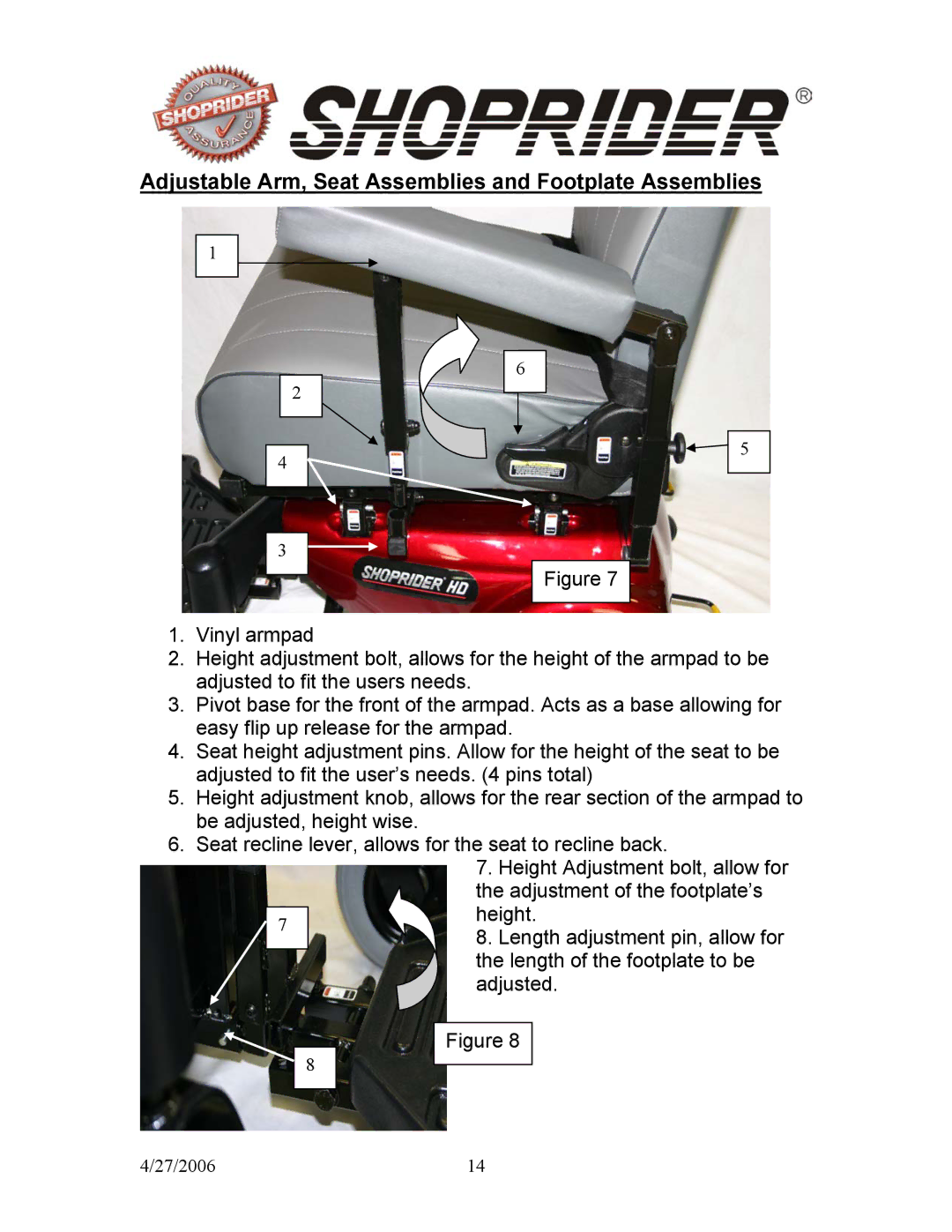 Shoprider HD 888WHD, WS 888WS manual Adjustable Arm, Seat Assemblies and Footplate Assemblies 