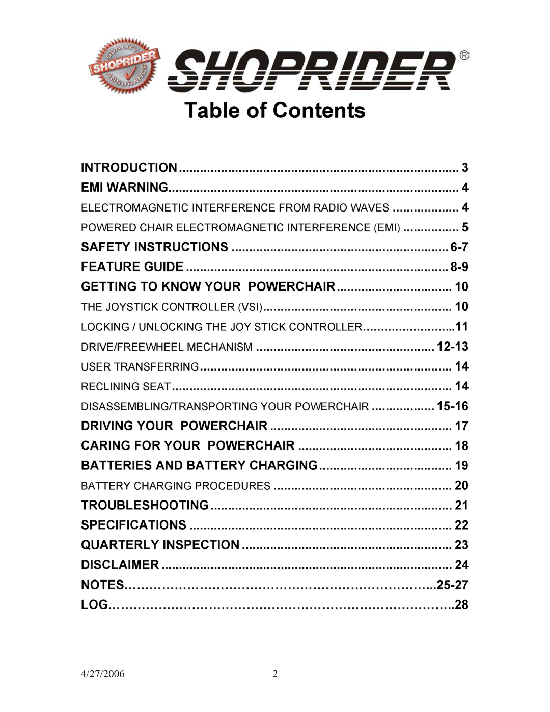 Shoprider HD 888WHD, WS 888WS manual Table of Contents 