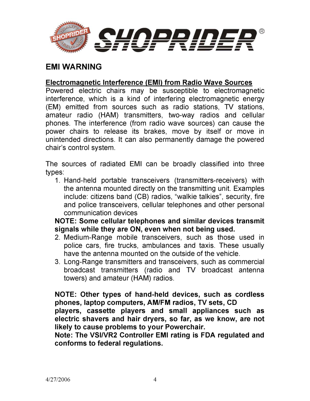 Shoprider HD 888WHD, WS 888WS manual EMI Warning 