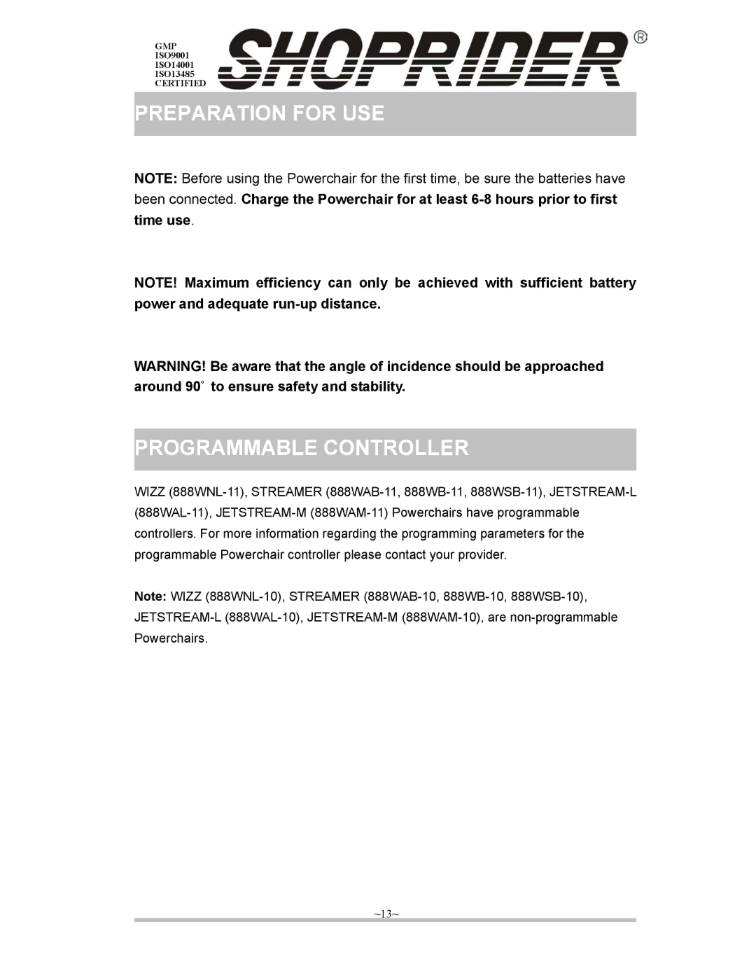 Shoprider ISO14001, ISO13485, ISO9001 manual Programmable Controller 