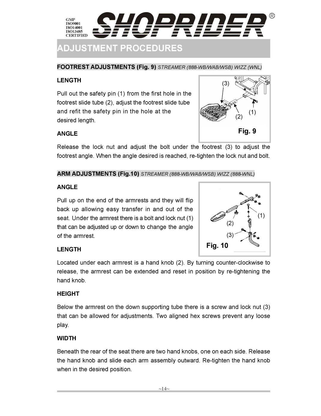 Shoprider ISO13485, ISO9001, ISO14001 manual Adjustment Procedures, Length, Angle, Height, Width 