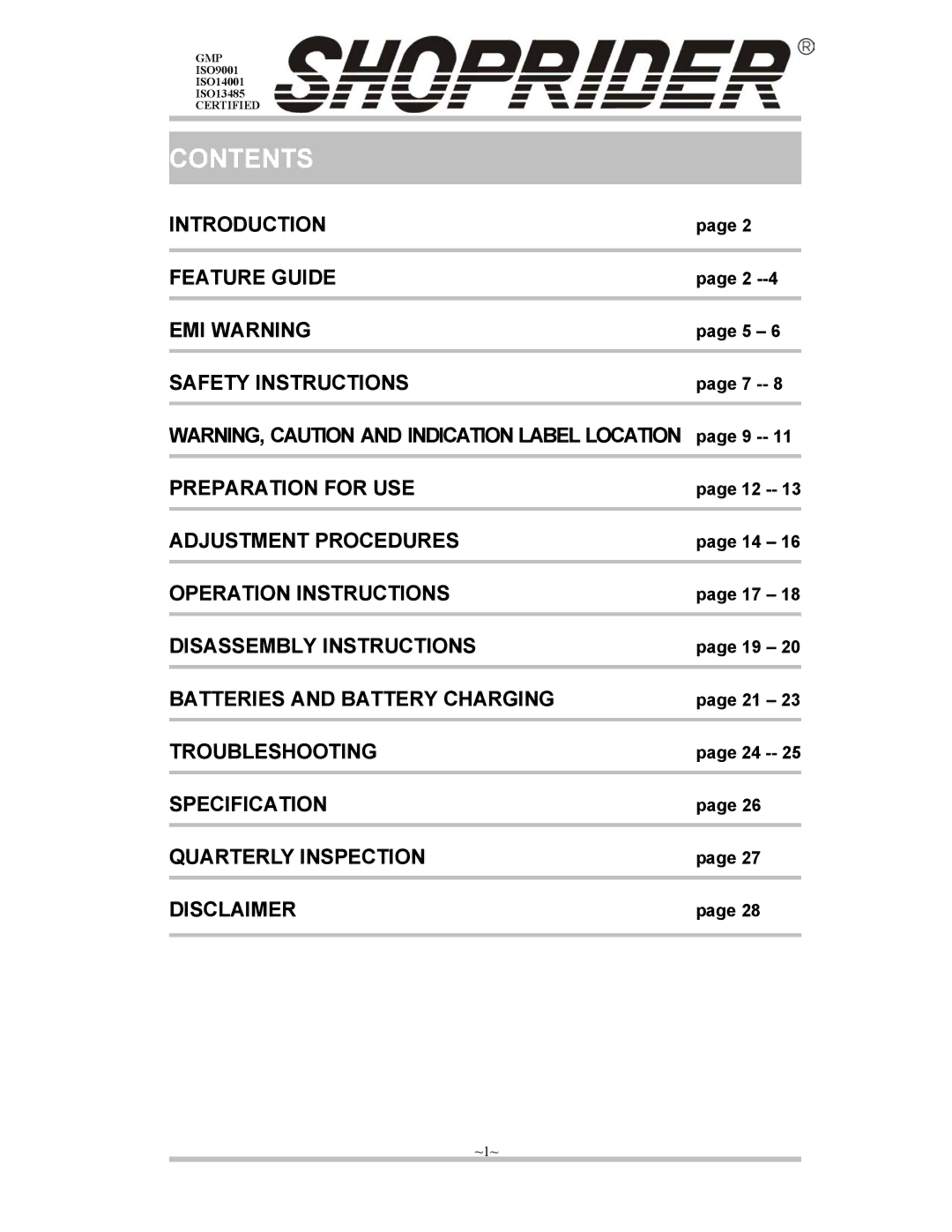 Shoprider ISO14001, ISO13485, ISO9001 manual Contents 