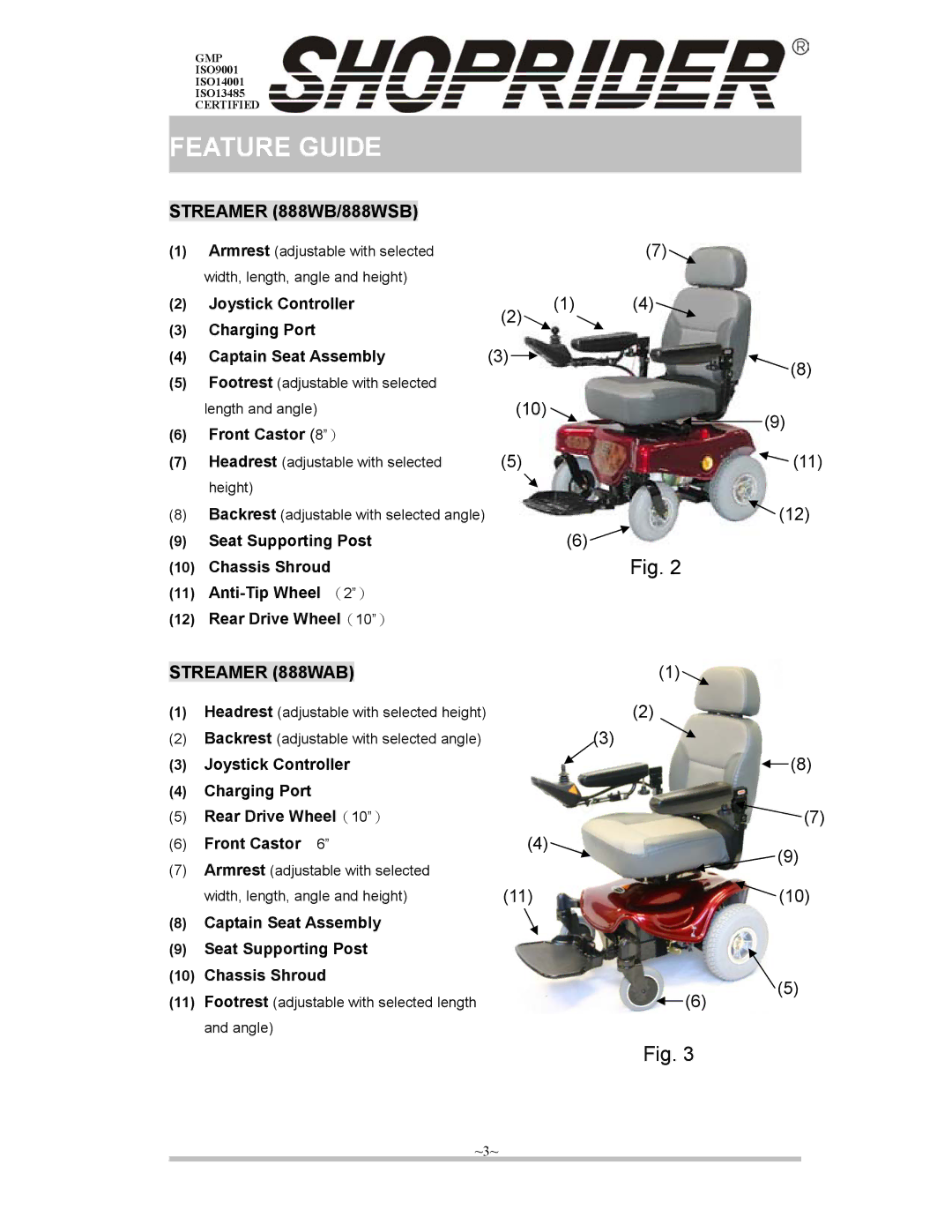 Shoprider ISO9001, ISO13485, ISO14001 manual Streamer 888WB/888WSB, Streamer 888WAB 